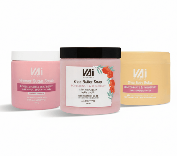 Vai Naturals Pomegranate & Raspberry Skin Care Set – Foaming Sugar Scrub 600g, Shea Butter Body Soap 500ml & Hydrating Body Butter 300ml