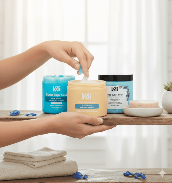 Vai Naturals Blue Indigo Body Care Set – Exfoliating Scrub 600g, Moisturizing Soap 500ml & 48-Hour Hydrating Body Butter 300ml