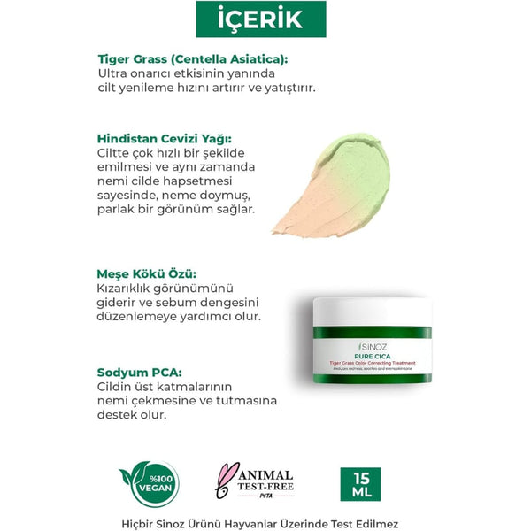 Sinoz Pure Cica Tiger Grass Color Correcting Repair Cream – Anti-Redness, Barrier Repair, 15ml