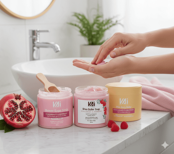 Vai Naturals Pomegranate & Raspberry Skin Care Set – Foaming Sugar Scrub 600g, Shea Butter Body Soap 500ml & Hydrating Body Butter 300ml