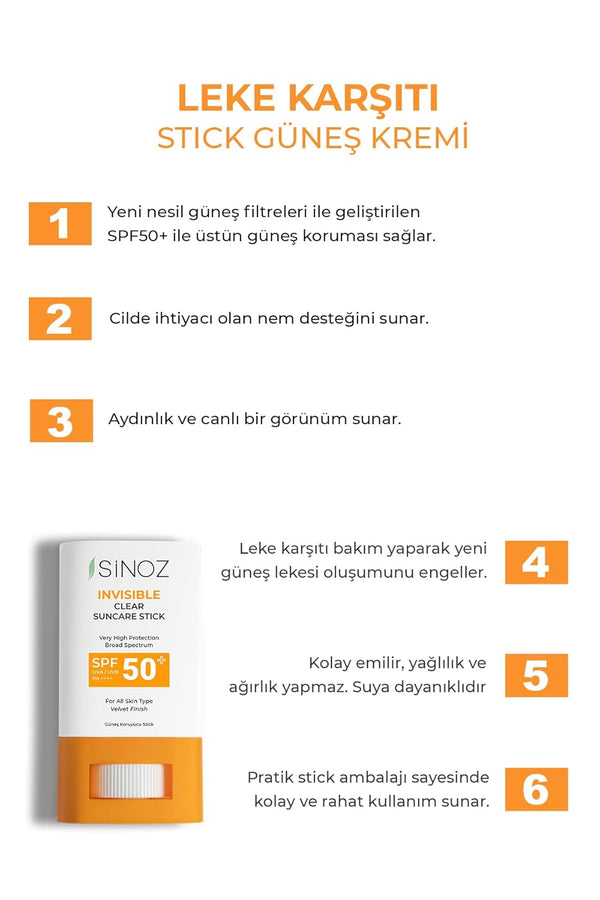 Sinoz Invisible Clear Suncare Stick SPF 50+ – Transparent, Non-Greasy, Face & Body Sun Protection, 0.5 Fl Oz