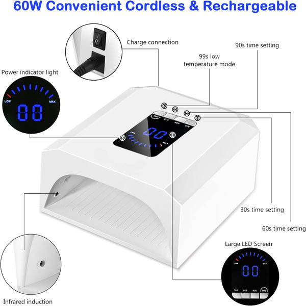 Globalstar Rechargeable 60W Cordless UV LED Nail Lamp with Automatic Sensor - Professional Gel Nail Dryer