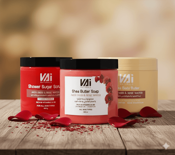 Vai Naturals Aker Fassi Skin Care Set – Foaming Sugar Scrub, Shea Butter Body Soap & Hydrating Body Butter