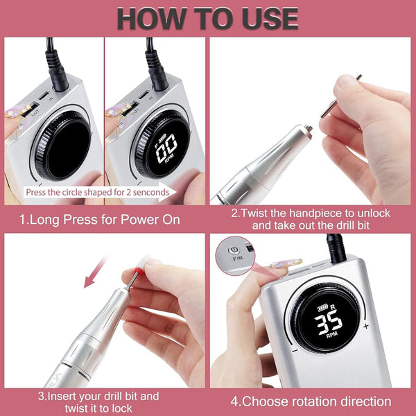 Globalstar Professional Brushless Nail Drill Machine - Silent 35000RPM Manicure Tool with LCD Screen & 12-Hour Battery Life