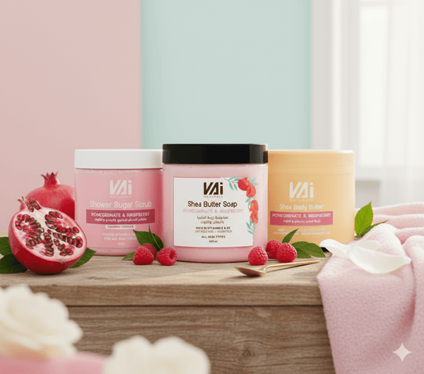 Vai Naturals Pomegranate & Raspberry Skin Care Set – Foaming Sugar Scrub 600g, Shea Butter Body Soap 500ml & Hydrating Body Butter 300ml