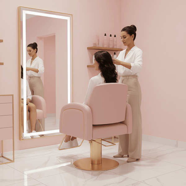 كرسي تصفيف الشعر الوردي من غلوبال ستار - أثاث أنيق لتصفيف الشعر في الصالونات بتصميم مريح وارتفاع قابل للتعديل