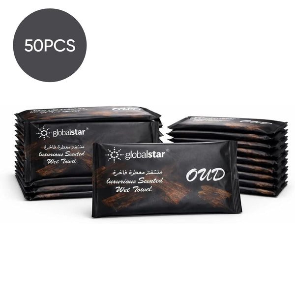 Globalstar OUD Luxurious Scented Wet Towels – Alcohol-Free Individually Wrapped Wipes with Premium Oud Fragrance (Pack of 25, 50, 75 pcs)
