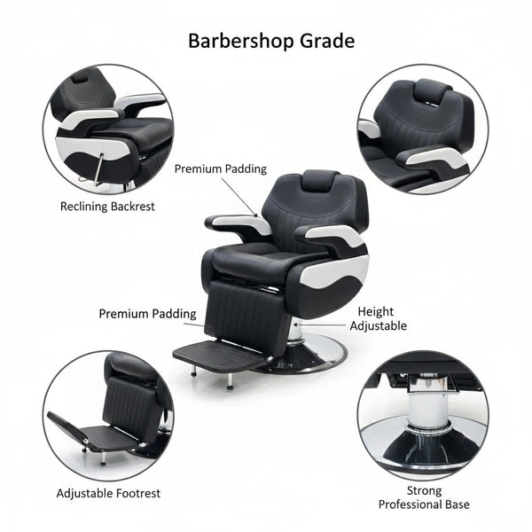 Globalstar Black and White Men’s Barber Chair – Professional Reclining Hydraulic Salon Chair