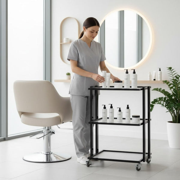 Globalstar 3-Tier Salon Trolley – Sturdy Black Metal Frame with Adjustable Shelves for Versatile Salon Storage