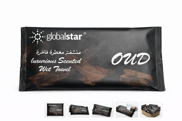 Globalstar OUD Luxurious Scented Wet Towels – Alcohol-Free Individually Wrapped Wipes with Premium Oud Fragrance (Pack of 25, 50, 75 pcs)