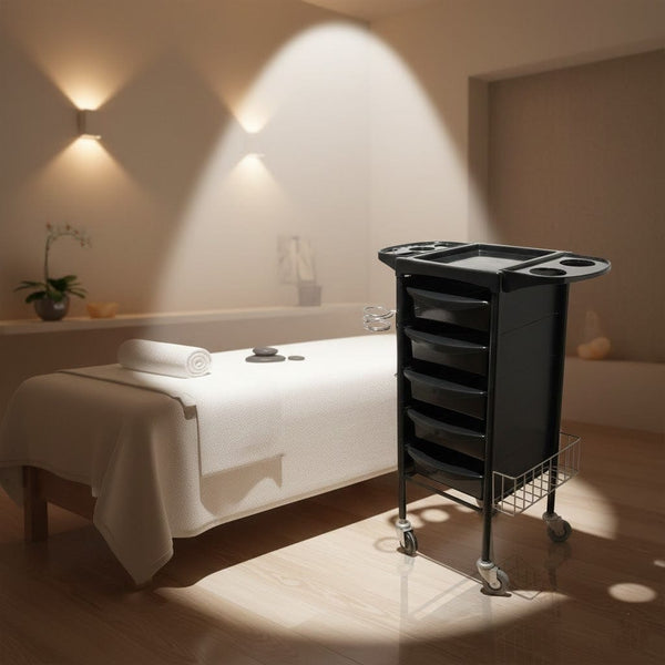 Globalstar Professional Salon Trolley with Metal Frame, 5 PVC Drawers, and Retractable Shelves – Ultimate Hairdressing Organizer