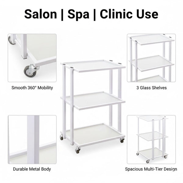 Globalstar 3-Tier Salon Trolley – White Metal Frame with Fixed Shelves for Efficient Salon and Spa Organization