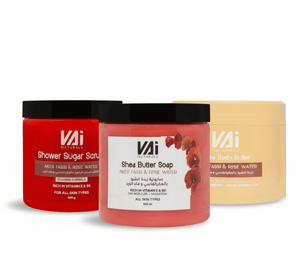 Vai Naturals Aker Fassi Skin Care Set – Foaming Sugar Scrub, Shea Butter Body Soap & Hydrating Body Butter