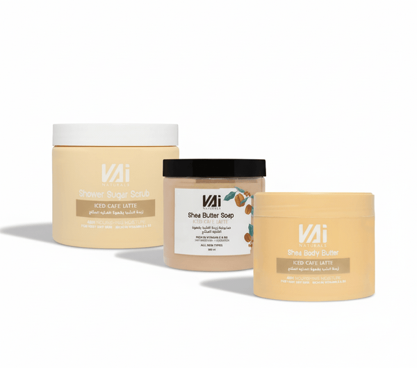 Vai Naturals Iced Café Latte Skin Care Set – Foaming Sugar Scrub600g, Shea Butter Body Soap 500ml & Hydrating Body Butter 300ml