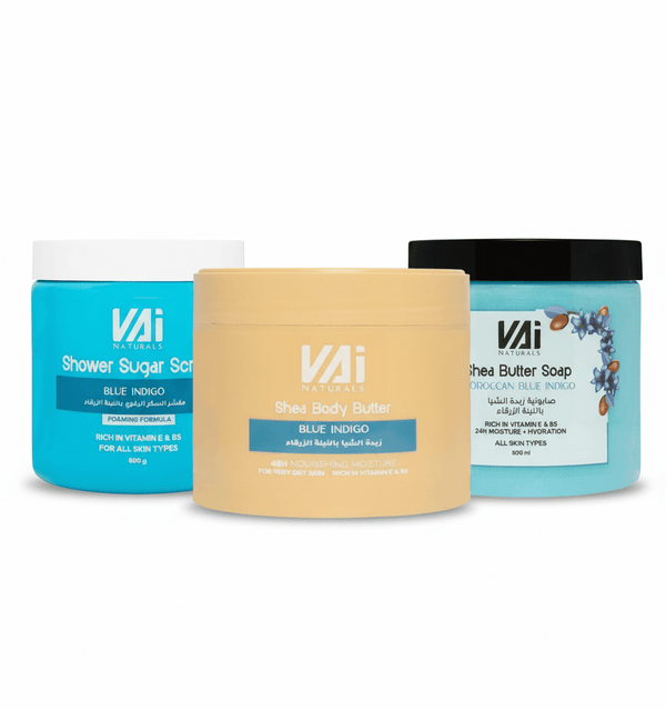 Vai Naturals Blue Indigo Body Care Set – Exfoliating Scrub 600g, Moisturizing Soap 500ml & 48-Hour Hydrating Body Butter 300ml