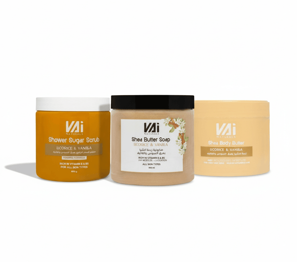 Vai Naturals Body Care Trio Licorice & Vanilla – Sugar Scrub 600g, Body Soap 500ml & 48-Hour Hydrating Body Butter 300ml