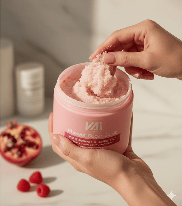 Vai Naturals Pomegranate & Raspberry Skin Care Set – Foaming Sugar Scrub 600g, Shea Butter Body Soap 500ml & Hydrating Body Butter 300ml