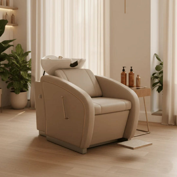 Globalstar Professional Beige Salon Shampoo Bed – Adjustable Ceramic Basin & High-Density Sponge