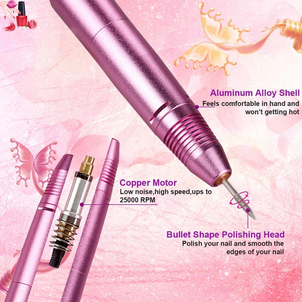 Globalstar Professional Pink Electric Nail Drill Pen - Portable Manicure & Pedicure Tool for Salon-Quality Results at Home