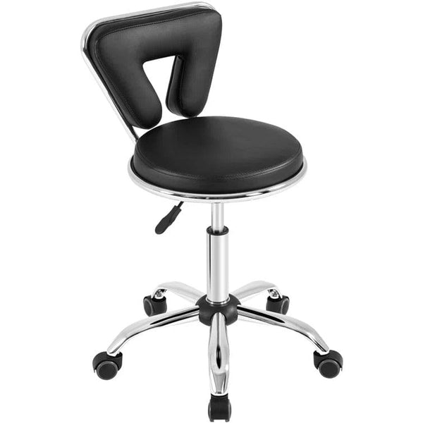 Global Star Lab Stool: Adjustable height with wheels, black back support. Ideal for spa, office, and salon use.pen_spark