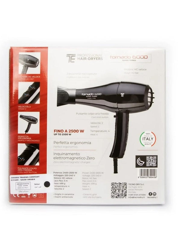 Tecno Elettra Tornado 6000 Super Turbo Professional Hair Dryer Black 2500W