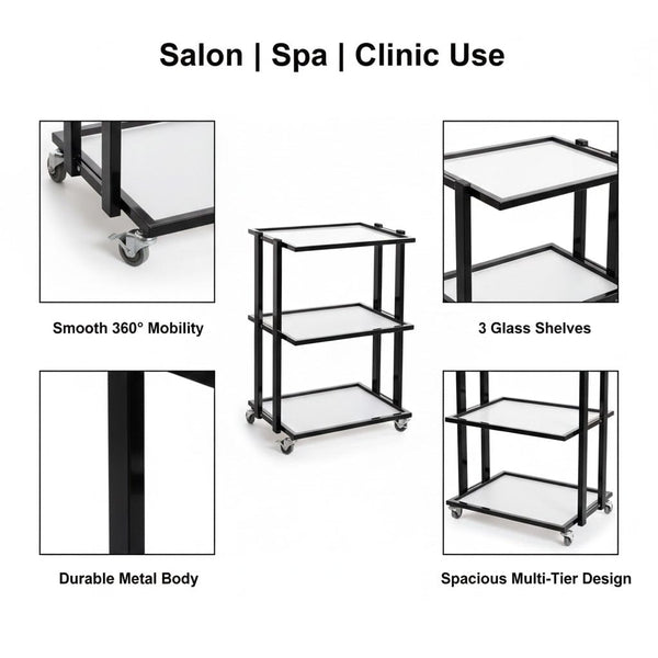 Globalstar 3-Tier Salon Trolley – Sturdy Black Metal Frame with Adjustable Shelves for Versatile Salon Storage
