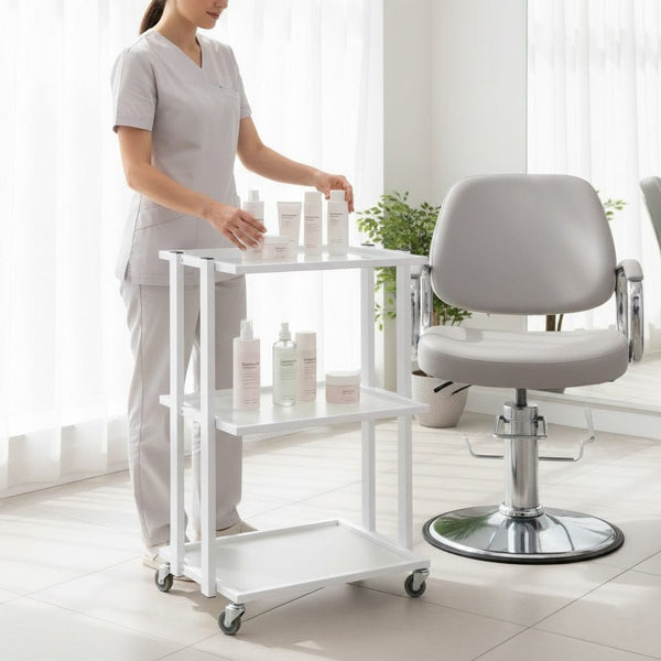Globalstar 3-Tier Salon Trolley – White Metal Frame with Fixed Shelves for Efficient Salon and Spa Organization