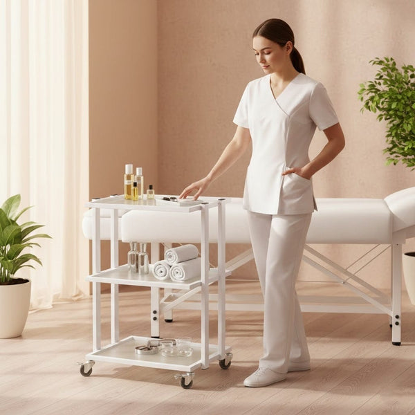 Globalstar 3-Tier Salon Trolley – White Metal Frame with Fixed Shelves for Efficient Salon and Spa Organization